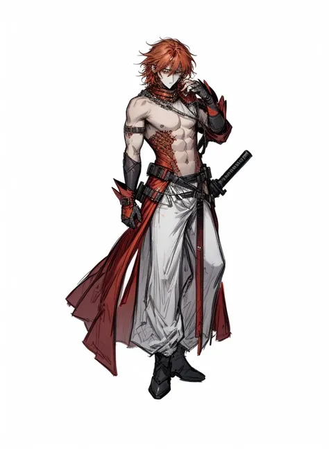 1boy ,red-orange hair, red eyes , mercenary, leather suit, weapon, sfw, beautiful clothes , (masterpiece, best quality) ,serious, struggling monk