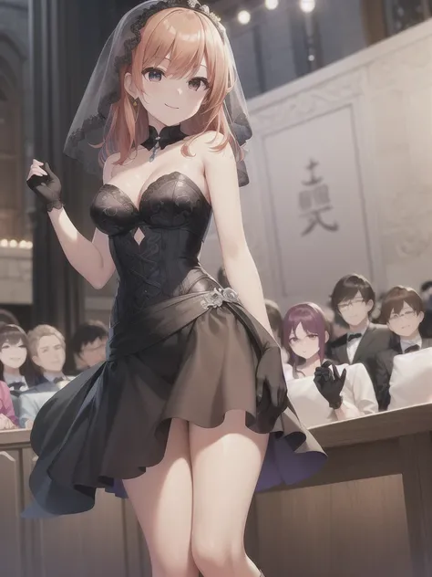 A girl，Long hair, Bangs, Orange hair, Hair between the eyes, s eyes:（1.5),  (Medium breasts:1.2), 
rest  锁骨, Wedding dress，veil，wedding，Black dress，Flowers，The skirt is broken，Black socks，Black knee socks，Black gloves，boots，Cleavage，，
Looking at the audien...