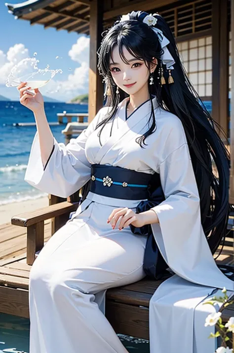 Smiling beautiful woman with black hair and white kimono drinking water under the blue sky