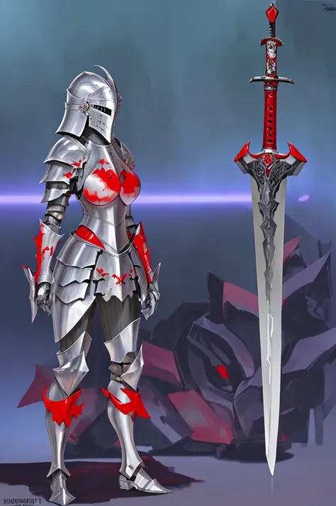 (masterpiece), best quality, 1Girl, standing, master piece, full body character concept, full body character design, full body concept art, Knight, face hidden by Armor helmet, Gray armor, Red Pattern, swordman, detailed armor, knight, holding big sword, R...