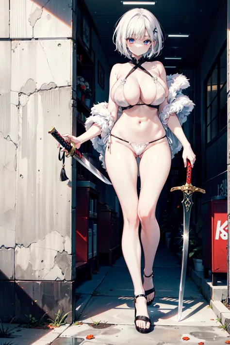 1 female，Attractive anime girl,whole body肖像，whole body，White lingerie，White Thong，Holding a sword，White short hair，Pale skin、Pale skin、Big boobs，较Big ，White sandals，