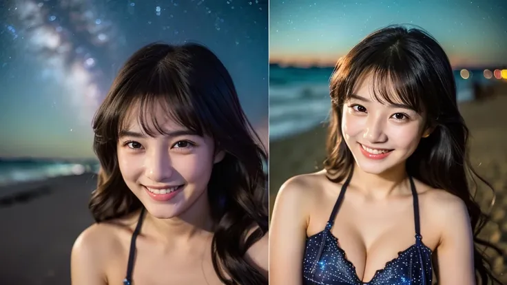 A 20-year-old woman with a very cute face like an idol、Smile a little,(Cleavage)、(((Beautiful starry sky on the beach at night)))、((cinematic lighting))、((Don&#39;t expose your face to the light))、((Long-distance shot))、RAW Photos、Genuine、live-action、((liv...