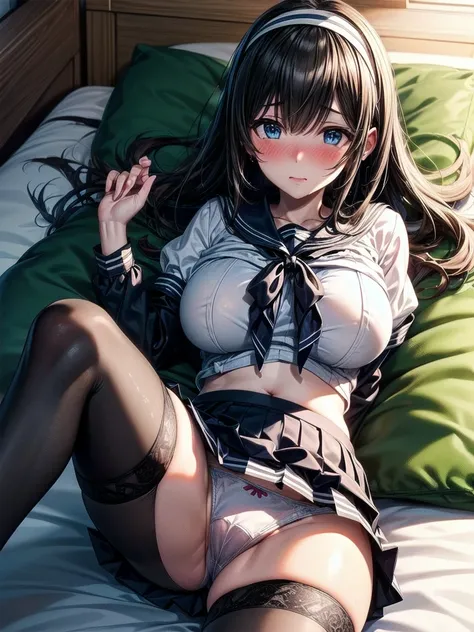 nsfw, (highly detailed beautiful face and eyes:1.2), (((lying))), nsfw, bbfumika, idolmaster, long hair, hairband, ((Sailor School uniform)), ((huge breasted)), Brown panties under pantyhose, torn pantyhose, pussy cutout pantyhose, ((white pantie)), 1girl,...