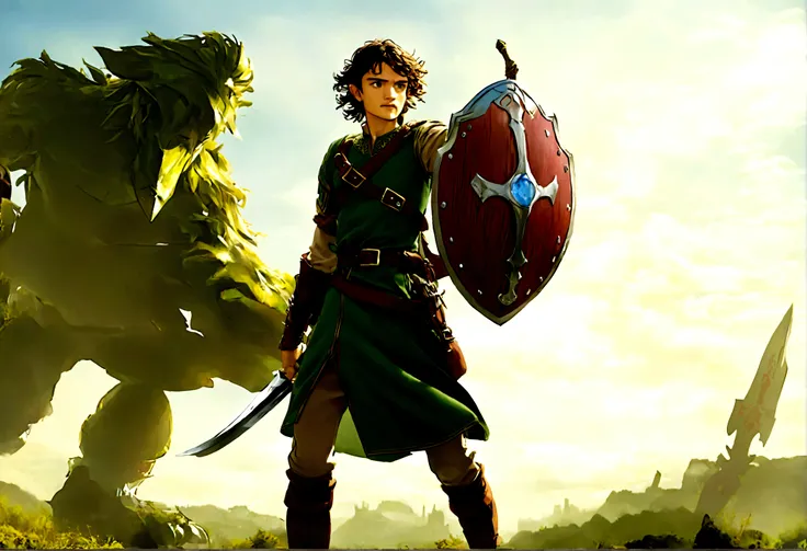 Orlando Bloom (2008, Link Costume, wooden sword, shield on back) heroic pose, monster in distance
