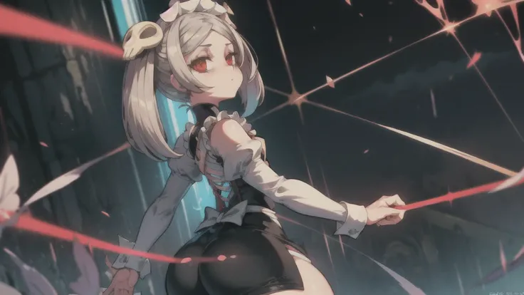 1girl, solo, skg_marie, maid, maid apron, maid headdress, twin tails, skull hair ornament, red brooch, juliet sleeves, light rays, glow, (masterpiece), highlight thighs, thick thighs, big ass, ass focus, highlight buttocks, cinematic angles, standing, wall...