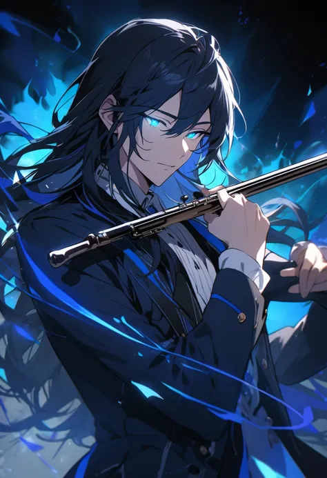 Male, solo, handsome, long hair, navy hair, blue eyes, glowing eyes, musician, music notes, flautist, blue aura