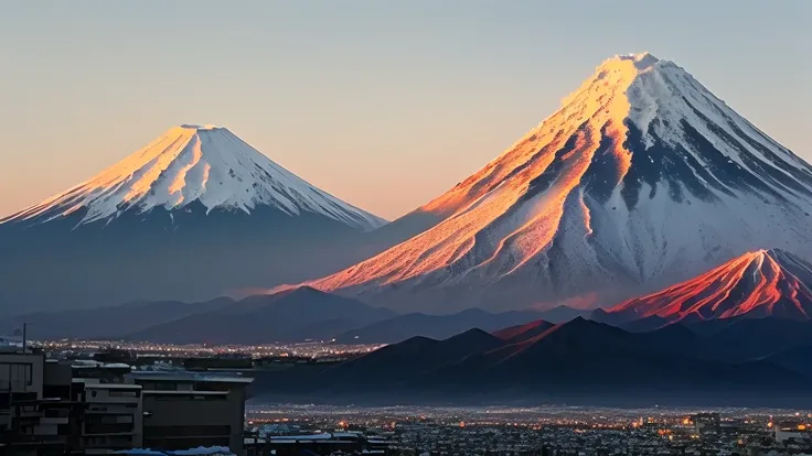 Arabian style view of the city with mountains in the distance, mount Fuji Mountain in the background, mount. Fuji Mountain, mount Fuji Mountain on the background, mount Fuji Mountain, volcanoes in the background, at snowy Fuji Mountain mountain sunrise, vo...