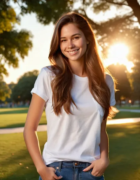 Generate a photorealistic image of a young adult woman with long brown hair, wearing a casual white t-shirt and blue jeans, standing in a park during sunset. She should be smiling gently, with soft natural lighting highlighting her features and casting a w...