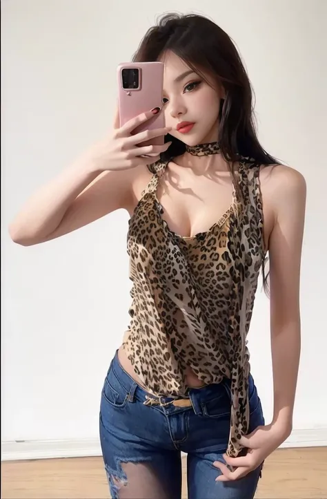 Beauty，Sexy，Clothes unchanged，A woman wearing a leopard print top is taking a selfie with her mobile phone, Sexy风格, Tank top, cute top, sleeveless, Tank top, ❤🔥🍄🌪, 2020 fashion, sleeveless tops, 2 4-year-old female model, Sexy造型, 🦩🪐🐞👩🏻🦳