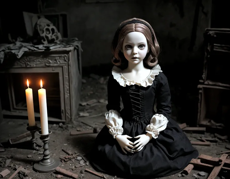 A CHILDRENS ANA BELLE STYLE DOLL OF OLD AND FACELESS PORCELAIN, REALISTIC GOTHIC IMAGE DEMONIC IMAGE IN AN ABANDONED LABRATORY WITH BLACK CANDLES LIT ON THE FLOOR AT NIGHT