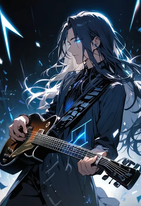 Male, solo, handsome, long hair, navy hair, blue eyes, glowing eyes, musician, music notes,