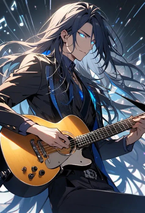 Male, solo, handsome, long hair, navy hair, blue eyes, glowing eyes, musician, music notes,