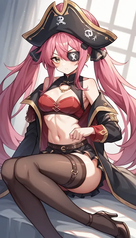 The character is a slender young woman.。She has reddish pink hair、Some of the hair is dyed white.、She has her hair styled in long twin tails.。She has a big pirate hat、Wearing a black jacket。The jacket is decorated with gold、It also has shoulder straps。Her ...