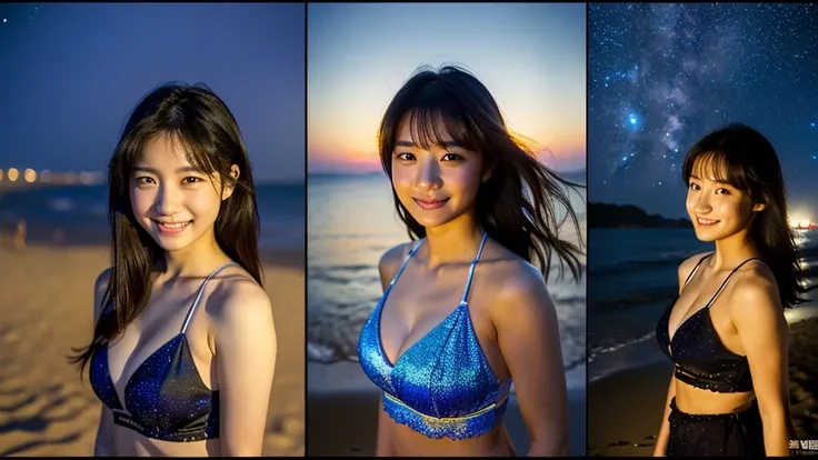 (((Do not split screen)))、A 20-year-old woman with a very cute face like an idol、Smile a little,(Cleavage)、(((Beautiful starry sky on the beach at night)))、((cinematic lighting))、(((The lighting is dim, with only starlight.)))、((Long-distance shot))、RAW Ph...