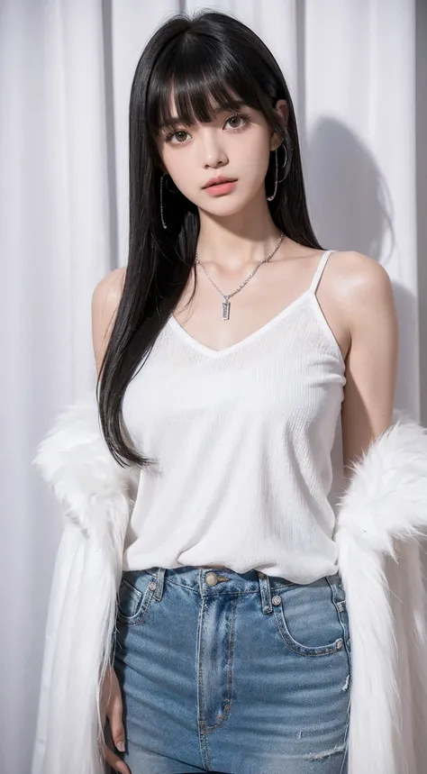 woman in a white top and a necklace around her neck, she has black hair with bangs, 18 years old, white fringecabelo preto, 🤤 picture of , with bangs, fluffy bangs, black hair and white fringe, with short hair with bangs, white fringe, curtain fringe, 16 y...