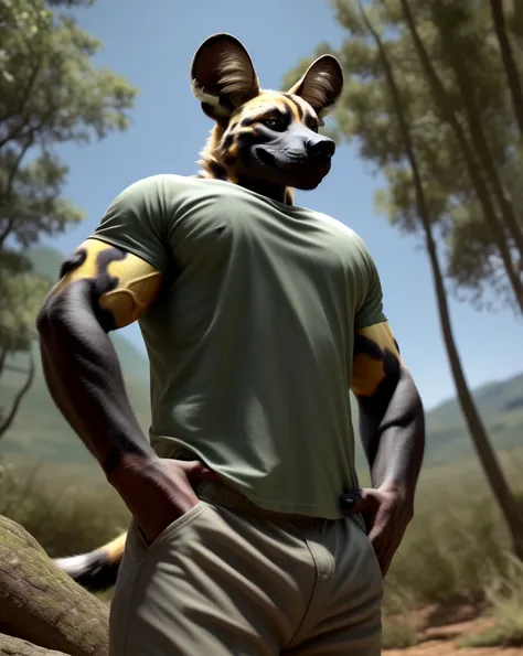 anthro, african wild dog, male, adult, veiny muscles, muscular, pants, t-shirt, hands on hips, smirk, realistic fur, detailed ba...