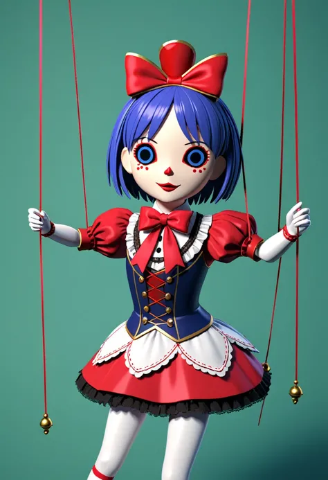 1 Girl,Marionette，Connect all limbs，Not like a living person，Solid color background，Puppet Face，Bow your head，Horrible atmosphere，3d