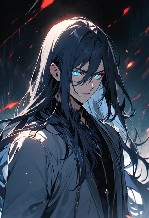 Male, solo, handsome, long hair, navy hair, blue eyes, glowing eyes