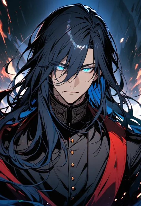 Male, solo, handsome, long hair, navy hair, blue eyes, glowing eyes