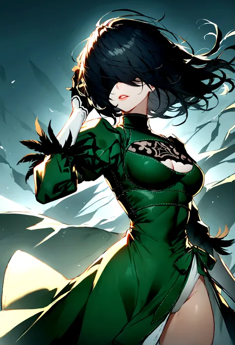 2b (nier:automata),medium breasts,hand in hair,parted lips,covered eyes,, zPDXLanime, 1other, solo, armor, black hair, breastplate, faulds, floating hair, glowing, glowing sword, glowing weapon, green armor, hair over eyes, pauldrons, shoulder armor, sword...