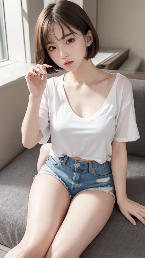 (Masterpiece 1.8), 　Ultra HD,　high quality,　Ultra-high resolution,　Realistic Face,　Realistic portrayal　Realistic Face, 　K-POPアイドル,　Clear skin,　short hair,   Full body photo　Provocative eyes　(Denim shorts), (small breasts),thick lips, ((tight white plain t-...