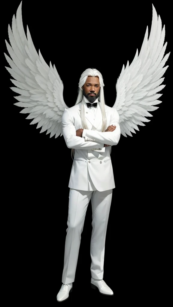 A very strong black gentleman, de corpo inteiro, with a set of angelic white clothes, with long white hair, with white beard and with white wings.