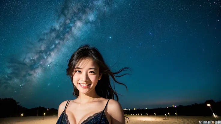 (((one image)))、A 20-year-old woman with a very cute face like an idol、Smile a little,(Cleavage)、(((Beautiful starry sky on the beach at night)))、((cinematic lighting))、(((The lighting is dim, with only starlight.)))、((Long-distance shot))、RAW Photos、Genui...