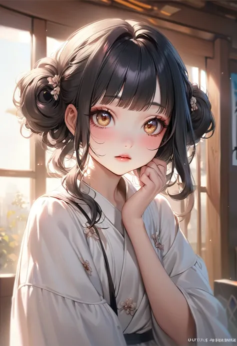 1girl, long white shirt, detailed beautiful face, cute anime style girl, detailed delicate cute asian face, realistic anime girl, Urzan, Chihiro, black hair with bangs, Kuronuma Sawako hairstyle, pale cute korean face, detailed youthful cute pale asian fac...