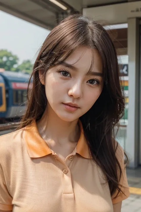 realistic photos of (1 cute korean star) flipped hair, fine makeup, medium breast size, orange polo, At the train station, Canon EOS clear facial features, 16k, high resolution, sharp and realistic details,  overexposure, cut, UHD, high resolution, Best Qu...