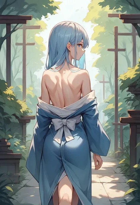 Anime School Girl, Wear a sexy outfit, Short kimono, Bare arms, Bare back, Bare shoulders, walking, Long Hair, Light blue hair, View the viewer, blue eyes