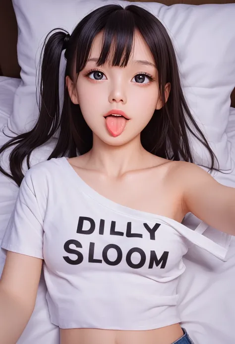 ollarbone,black colors t-shirt,off-shoulder look,bare shoulder,midriff peek,micro shorts,open mouth,(tongue out:2),lying,Selfie,looking ahead,from above,front view,upper body,(1girl,Beautiful 14 year old girl),((Slender,Small breasts,Small face,)),(looking...