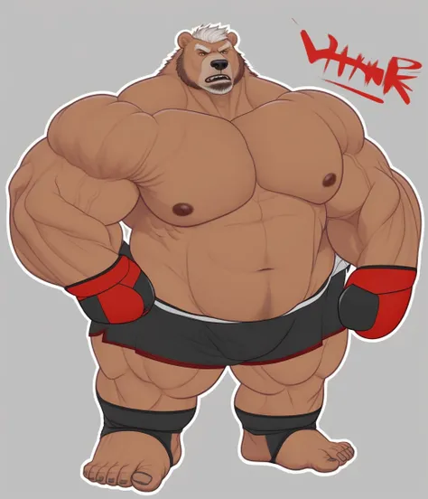 solo, 1boy, Huge Muscular Old Grizzly Bear wearing kickboxing MMA belt , thick pectoral, thick arms, huge pectoral, wide pectoral, oversized muscles, huge brown fur, short white hair, Kickboxing MMA shorts, kickboxing MMA gloves, Kickboxing MMA Footwear 5 ...