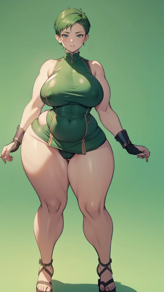 (masterpiece), best quality, female warrior, huge girl, female muscular:1.2, ((very short hair:1.6)), green hair, big breast, (curvy:1.7), (((blank background))), ((full body)), fingerless gloves, sandals, sleeveless, covered nipples, tshirt top, shaved ha...