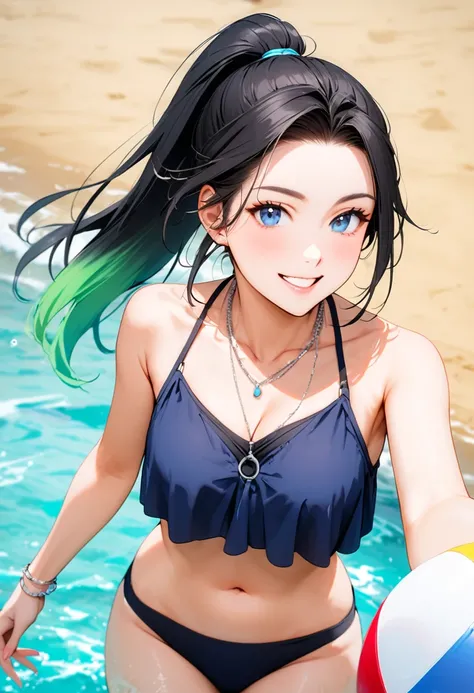 A woman, 21-years-old, solo, Caucasian, black hair, cyan hair, gradient hair, multicolored hair, ponytail, two-tone hair, blue eyes, cheerful smile, mature face, dark blue bikini top, dark blue bikini bottom, midriff, medium-sized bust, holding a beachball...