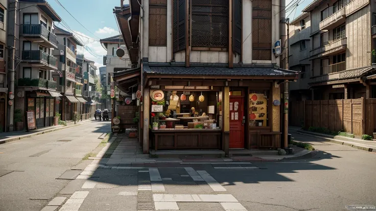 (best quality), high quality, very high resolution, (ultra detailed), 8k, (hyper realistic),Ray Tracing, Leaf Village, Streetscape, landscape, NARUTO, Ramen shop, Ramen Ichiraku