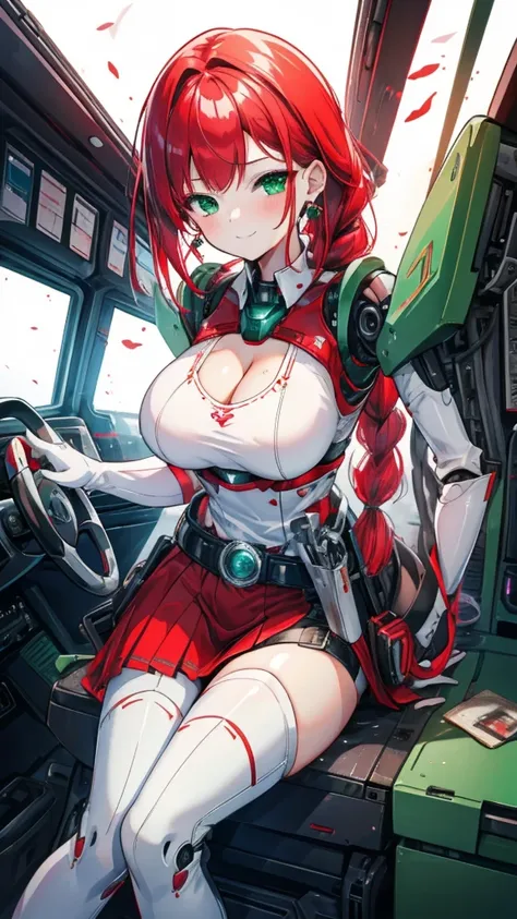 20-year-old girl，Crimson hair，side braid，Smile，Huge breasts，cleavage，Sheer red sleeveless top，Leave space in the middle to reveal cleavage，Soaked all over，Blushing，green eyes，Female spy，Red miniskirt，White gloves，White hand sleeves，White boots，Science fict...