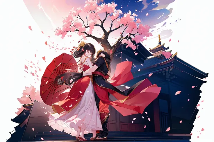 The girl stands under the peach tree. The boy hugs the girl from behind. The atmosphere of ancient costume. The falling petals. The Chinese-style building. The flying skirt blows by the wind.