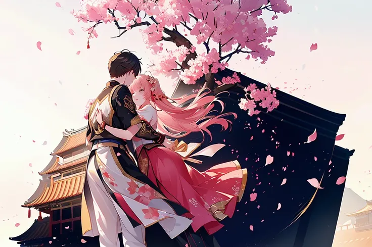 The girl stands under the peach tree. The boy hugs the girl from behind. The atmosphere of ancient costume. The falling petals. The Chinese-style building. The flying skirt blows by the wind.