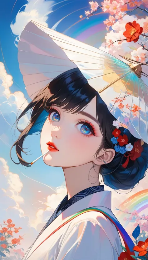 Japanese women, Face close-up, Soaring female figure **** Click the, smoking, In the sky, Bright colors, Mysterious Colors, modern impressionism, Portrait of Chen Yanjun, rainbow painting, 3/4 Perspective View, Nice face, Low - Angle, Wide rotation configu...