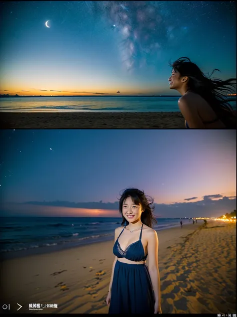 (((One screen must not be split)))、A 20-year-old woman with a very cute face like an idol、Smile a little,(Cleavage)、(one piece)、(((Beautiful starry sky on the beach at night)))、((cinematic lighting))、(((The lighting is dim, with only starlight.)))、((Long-d...