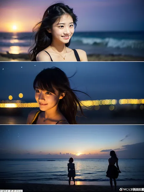 (((One screen must not be split)))、A 20-year-old woman with a very cute face like an idol、Smile a little,(Cleavage)、(one piece)、(((Beautiful starry sky on the beach at night)))、((cinematic lighting))、(((The lighting is dim, with only starlight.)))、((Long-d...