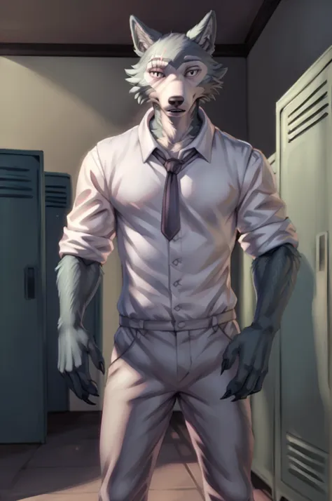 (by personalami, by hioshiru, by zackary911, by by null-ghost), male, wolf, solo, legoshi (beastars), locker room, standing, clo...