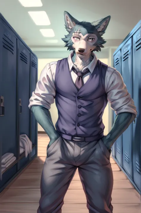 (by personalami, by hioshiru, by zackary911, by by null-ghost), male, wolf, solo, legoshi (beastars), locker room, standing, clo...