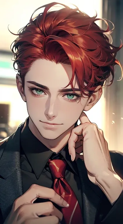 (Highest quality,4K,8K,High resolution,masterpiece:1.2),Super detailed,(Realistic,photoRealistic,photo-Realistic:1.37),1 person,31 years old,Mature Men,Beautiful skin、very handsome,Expressionless smile in love,Short gray red hair,green eyes,Sharp Eyes,A pe...