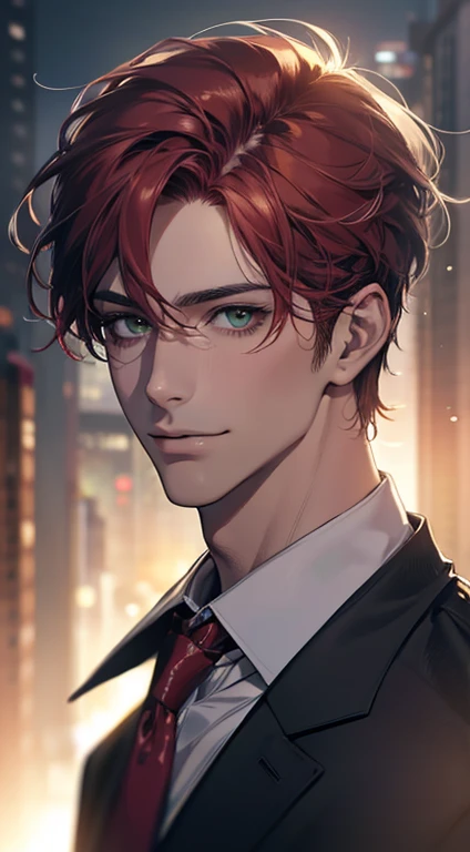 (Highest quality,4K,8K,High resolution,masterpiece:1.2),Super detailed,(Realistic,photoRealistic,photo-Realistic:1.37),1 person,31 years old,Mature Men,Beautiful skin、very handsome,Expressionless smile in love,Short gray red hair,green eyes,Sharp Eyes,A pe...