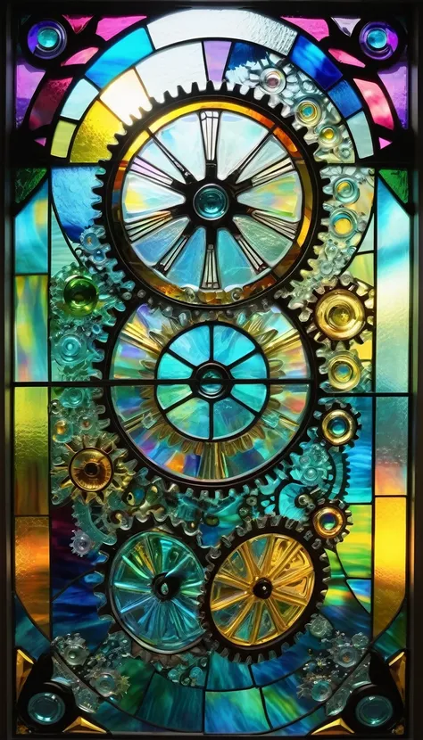 conceptual installation pop art, best quality, super fine, 16k, 2.5D, delicate and dynamic depiction, transparent, translucent iridescent stained glass, prism effects, driven by gears and wheels, eye-catching effects, beautiful and clear work, just like th...