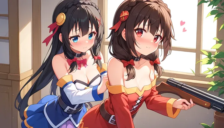 ((2girls:1.3)), ((moe style:1.3)), ((standing:1.3)), ((shotgun:1.3)), ((black hair:1.3)), megumin (konosuba), yunyun (konosuba), ((shy:1.3)), blush, ((perfect face)), ((extremely cute:1.3)), ((masterpiece:1.3)), ((8k)), ((best quality:1.3)), ((beautiful)),...