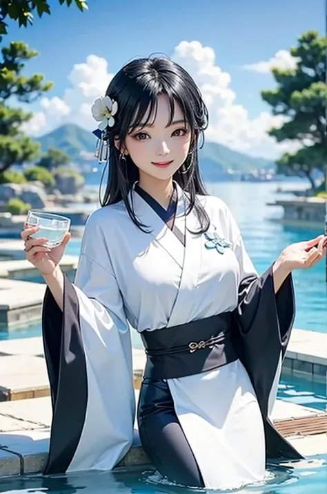 Smiling beautiful woman with black hair and white kimono drinking water under the blue sky