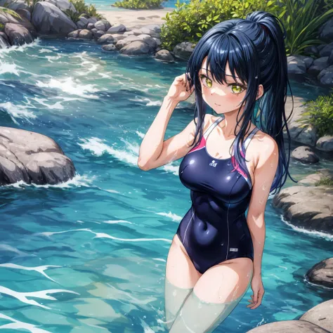 ((Highest quality)), ((masterpiece)), (detailed), 1woman, 独奏, miko, highleg swimsuit, sexly, large breasts, yellow eyes, long hair, black hair, blue hair, multicolored hair, sidelocks, bangs, wet, water, beach