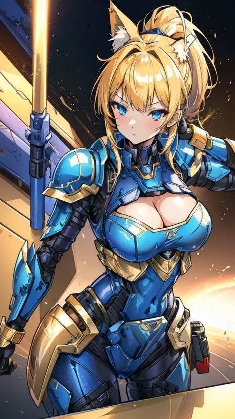 blue sci-fi armor，golden shorthair cat，Long ponytail hairstyle，Large Breasts，Cleavage，Pistol hanging from waist，fighter pilot，fighter hangar，Sexy，Lipstick，Miss，Golden Eyes，final，Armor has numbers